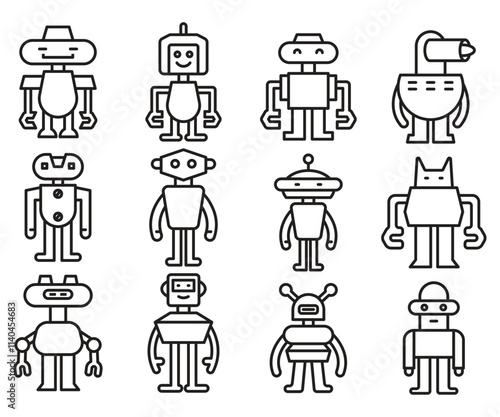 cartoon robot icons set line illustration