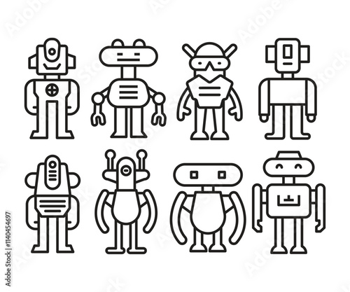 cartoon robot icons set line illustration