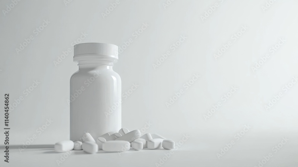White Pill Bottle With Tablets On Light Background For Healthcare Use White Pill Bottle With Tablets On Light Background For Healthcare Use