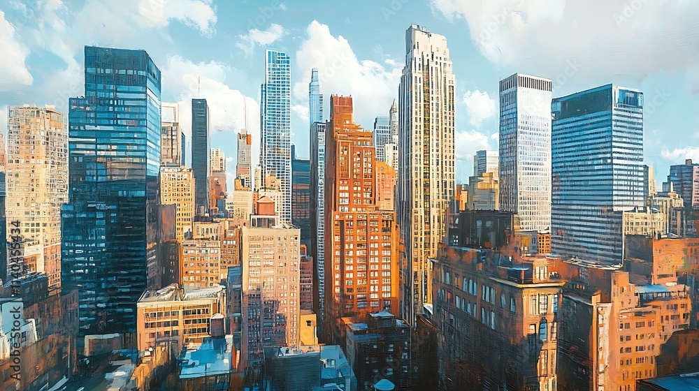 Obraz premium Wide shot photo capturing urban skyscrapers powerfully rising under sky. AI Generated