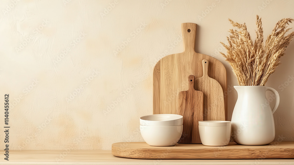 Scandinavian kitchen display with wooden cutting boards and ceramic bowls, exuding warmth and Scandinavian kitchen display with wooden cutting boards and ceramic bowls, exuding warmth and