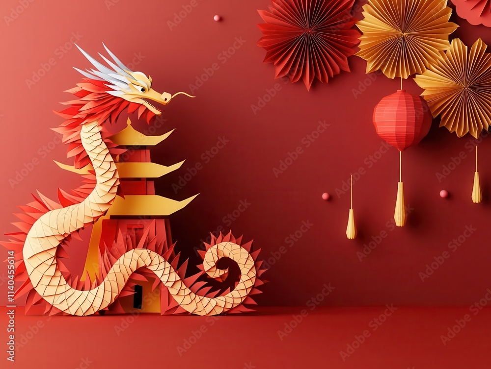 Obraz premium An origami dragon coiled around a glowing papercut pagoda with Chinese New Year fireworks in the background