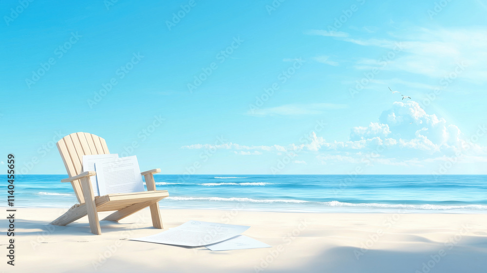 serene beach scene with chair and business documents on sand serene beach scene with chair and business documents on sand