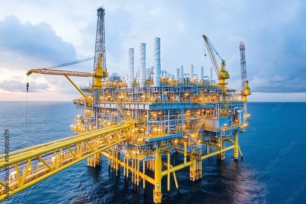 Offshore Oil Platform with Yellow Structures and Cranes Against a Cloudy Sky Over Ocean Water, Highlighting Energy Production and Industrial Technology Offshore Oil Platform with Yellow Structures and Cranes Against a Cloudy Sky Over Ocean Water, Highlighting Energy Production and Industrial Technology