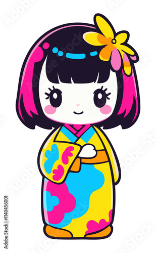 Cute bright japanese kokeshi doll. Vector isolated illustration in vivid colors