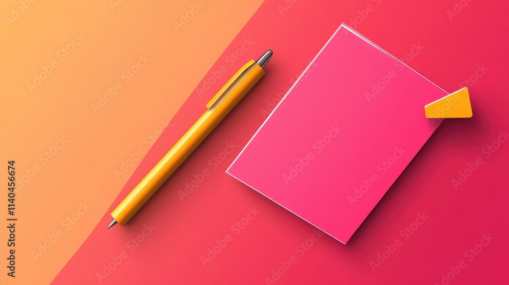 Yellow Pen and Pink Notepad on a Two-Tone Background Yellow Pen and Pink Notepad on a Two-Tone Background