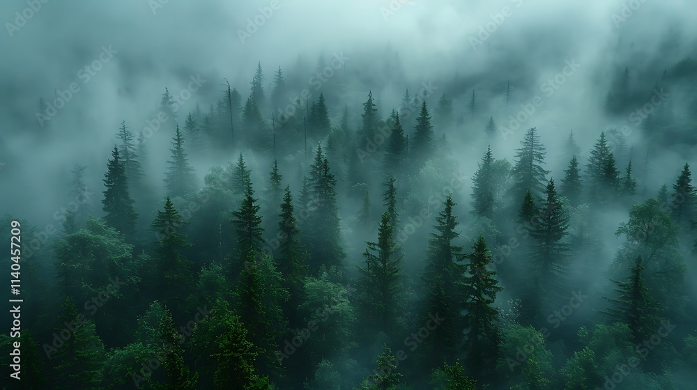 High-altitude forest with misty trees High-altitude forest with misty trees