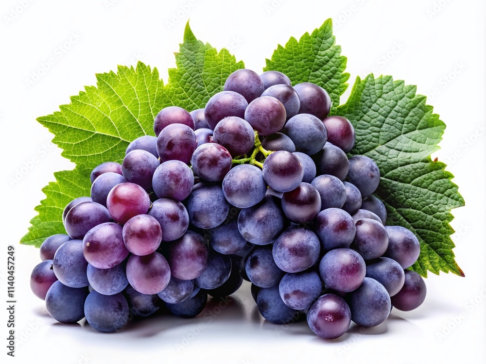 Fototapeta premium Juicy Dark Grapes, Fresh Harvest, White Background, Photography, Stock Photo, Food Image, Rule of Thirds Composition, High Resolution, Grape Vine, Wine Grapes, Dark Purple Grapes
