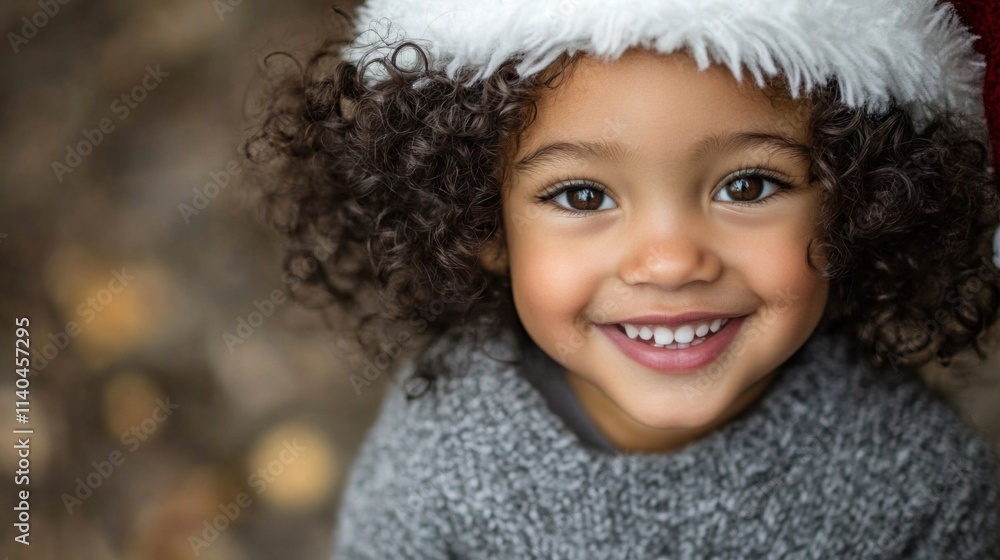 A cheerful child with curly hair in a gray sweater, smiling while wearing a Santa hat, capturing the holiday spirit A cheerful child with curly hair in a gray sweater, smiling while wearing a Santa hat, capturing the holiday spirit