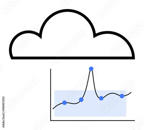 Cloud above line graph with blue data points symbolizing data analysis. Ideal for technology, analytics, cloud computing, growth, statistics, data visualization, future trends. Line metaphor