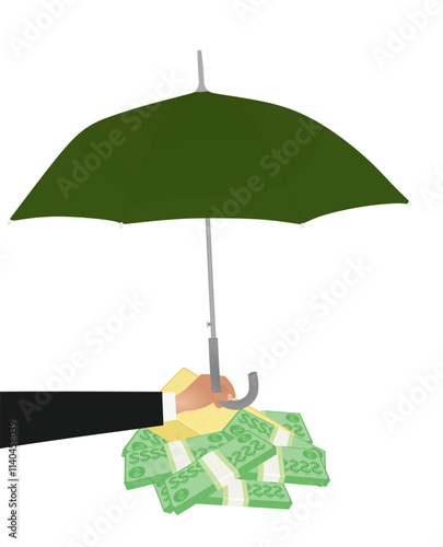 Hand hold umbrella in front of money and gold. vector illustration