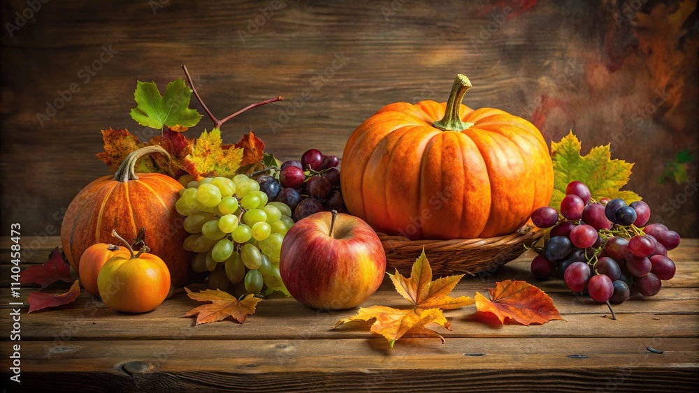 Stock photo of a autumn-themed still life painting, featuring a table with pumpkin, apples, grapes, and leaves Stock photo of a autumn-themed still life painting, featuring a table with pumpkin, apples, grapes, and leaves