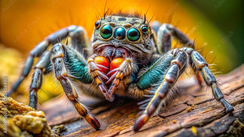 Fototapeta premium Jumping Spider Feast: Macro Photography of Predator on Tree Trunk - Rule of Thirds Composition