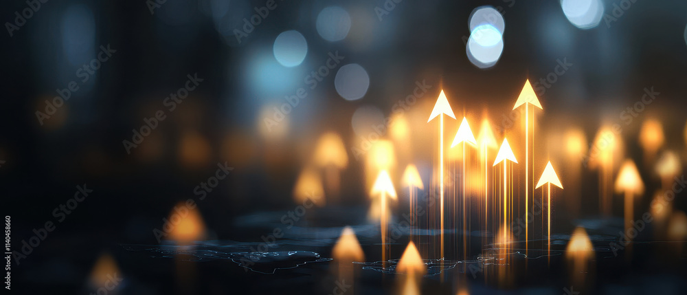 Upward arrows symbolize growth and progress over world map background Upward arrows symbolize growth and progress over world map background
