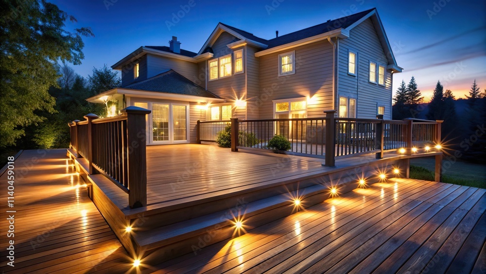 Stock photo of a deck with exterior lights on a house at night. Stock photo of a deck with exterior lights on a house at night.