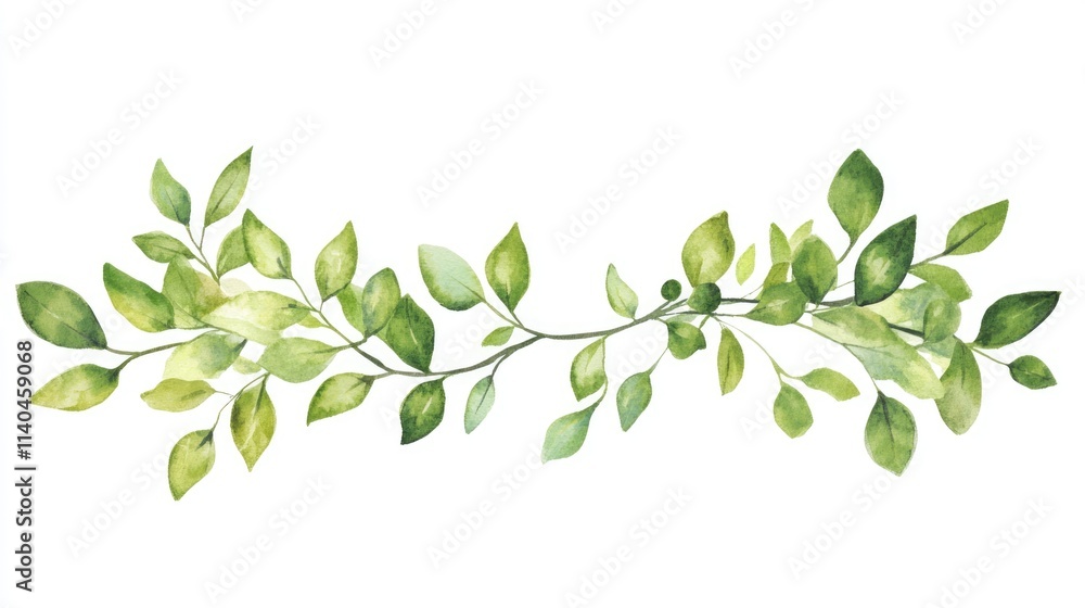 Watercolor Painting of a Branch with Green Leaves Watercolor Painting of a Branch with Green Leaves