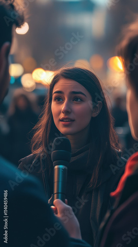 Young Woman Being Interviewed on Busy Street