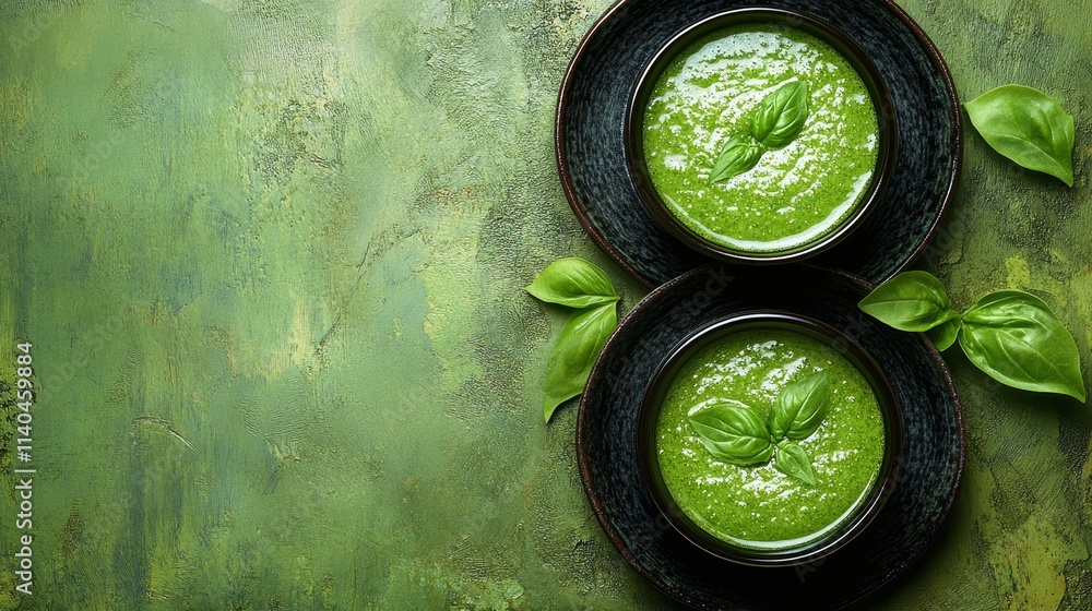 Two bowls of vibrant green pesto on a textured green background, garnished with basil leaves. Two bowls of vibrant green pesto on a textured green background, garnished with basil leaves.