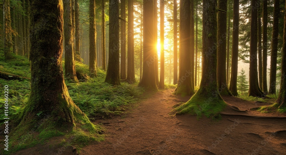 Fototapeta premium A serene forest scene with sunlight filtering through tall trees, creating a peaceful atmosphere.