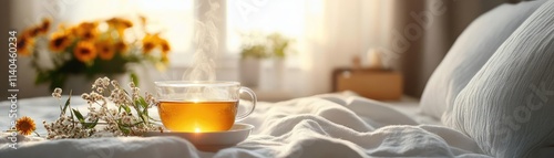 A person drinking a warm herbal tea before bed, helping with sleep photo