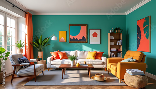 Wallpaper Mural Eclectic living room with mismatched furniture bright colors and artistic decor. background copyspace Torontodigital.ca
