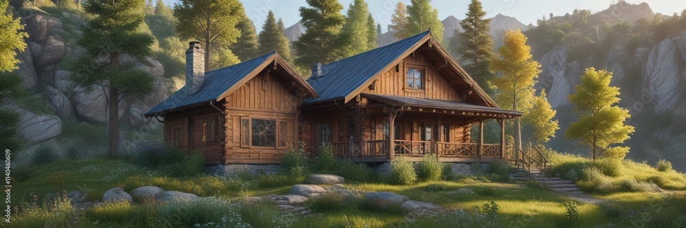 Mountainous terrain with a wooden cabin nestled among trees and covered in vines, wooden cabin, solitude Mountainous terrain with a wooden cabin nestled among trees and covered in vines, wooden cabin, solitude