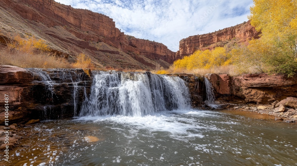 Obraz premium A serene waterfall cascading into a calm river, surrounded by autumn foliage and rocky cliffs.