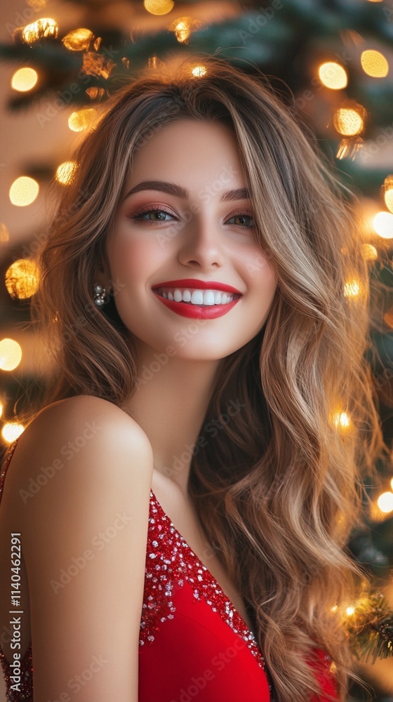 Festive holiday portrait with a cheerful woman in a red dress, amid sparkling Christmas lights, perfectly capturing the joyous spirit of the holiday season and celebration mood. Festive holiday portrait with a cheerful woman in a red dress, amid sparkling Christmas lights, perfectly capturing the joyous spirit of the holiday season and celebration mood.
