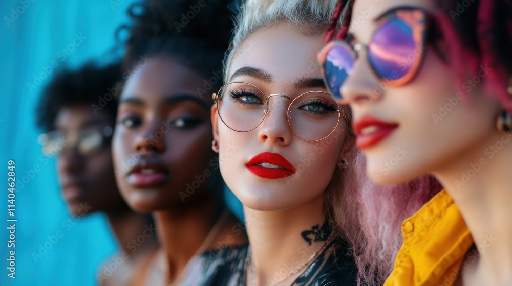 a group of women with glasses and red lipstick a group of women with glasses and red lipstick