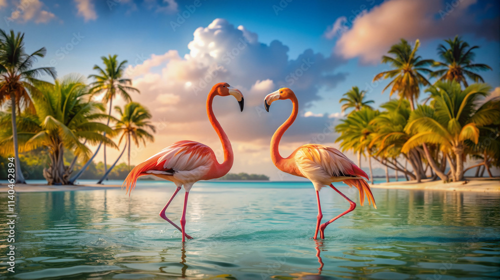 Fototapeta premium Two flamingos in tropical lagoon at sunset