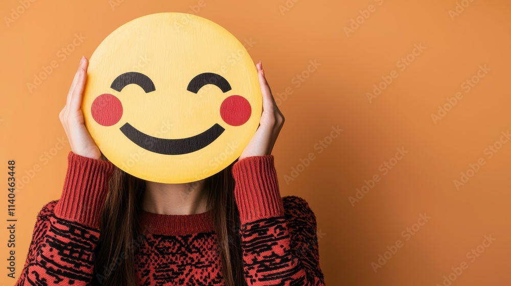 Playful Woman Holding Smiley Face Mask Against Vibrant Orange Background Playful Woman Holding Smiley Face Mask Against Vibrant Orange Background