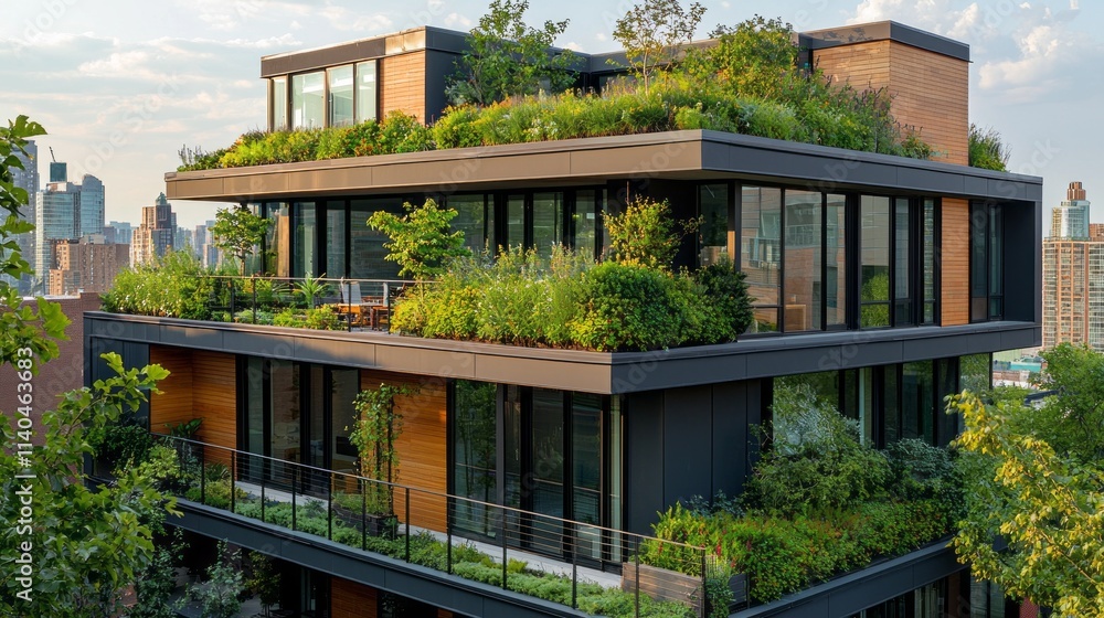 Fototapeta premium A tall building with a green roof and a balcony