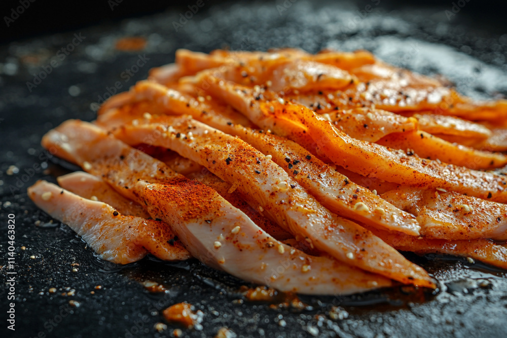 Freshly sliced marinated chicken ready for grilling in a rustic kitchen setting Freshly sliced marinated chicken ready for grilling in a rustic kitchen setting
