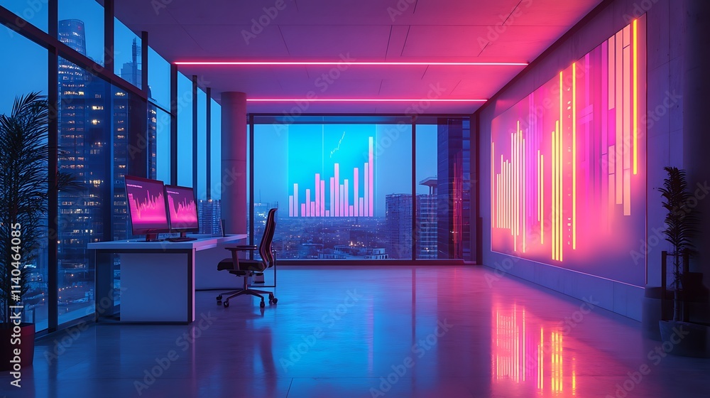 A vibrant startup office with bold 3D bar graphs projected onto smooth glass walls, dynamic animations of analytics glowing in neon hues, ergonomic furniture with futuristic design, A vibrant startup office with bold 3D bar graphs projected onto smooth glass walls, dynamic animations of analytics glowing in neon hues, ergonomic furniture with futuristic design,