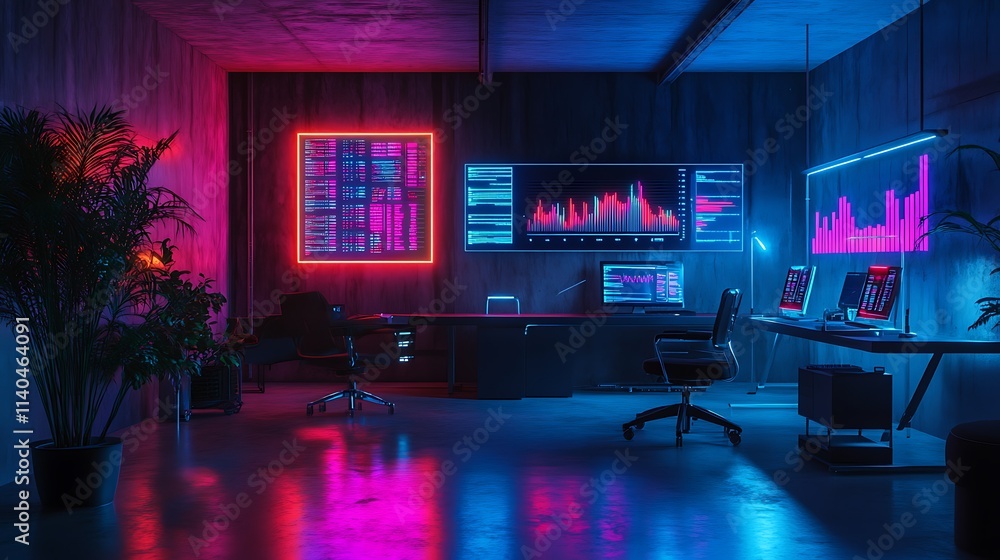 A vibrant startup office with holographic charts glowing in bright hues, sleek modern furniture, softly illuminated walls, and a high-energy, tech-driven workspace --ar 16:9 A vibrant startup office with holographic charts glowing in bright hues, sleek modern furniture, softly illuminated walls, and a high-energy, tech-driven workspace --ar 16:9