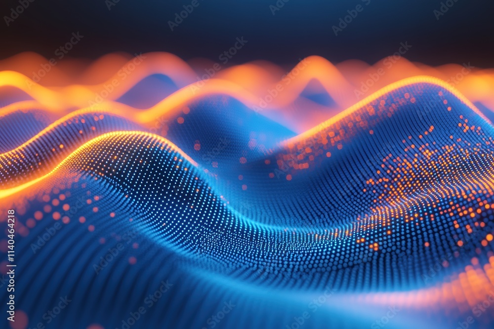 Blue and orange digital wave pattern with glowing dots Blue and orange digital wave pattern with glowing dots