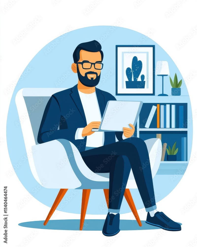 Professional Man in a Modern Armchair Using a Tablet Device in a Cozy Home Office with Stylish Decor and Inviting Atmosphere Professional Man in a Modern Armchair Using a Tablet Device in a Cozy Home Office with Stylish Decor and Inviting Atmosphere