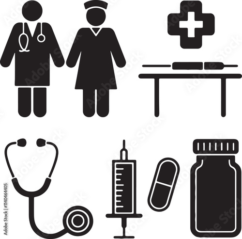 Medical related vector silhouettes icon set design