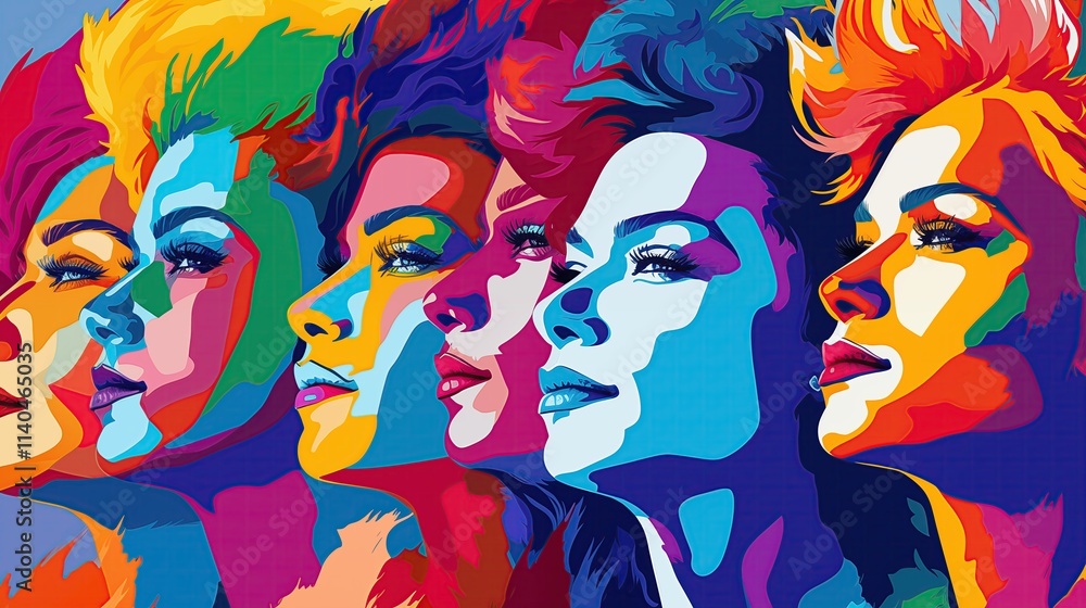 Naklejka premium Vibrant Pop Art Women Faces, LGBTQ Concept