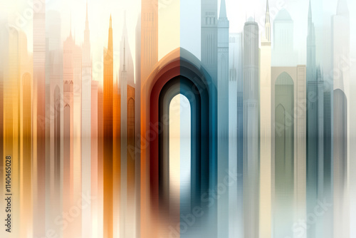 Abstract Colorful Cityscape with Arched Entrance