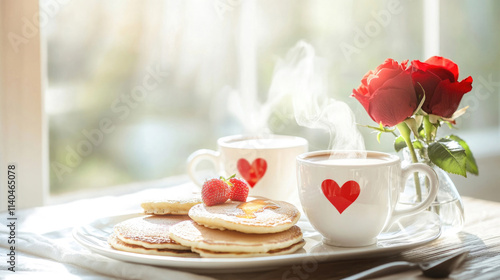 Romantisches Frühstück mit Herz-Desserts, Pancakes und Cappuccino im Sonnenschein photo