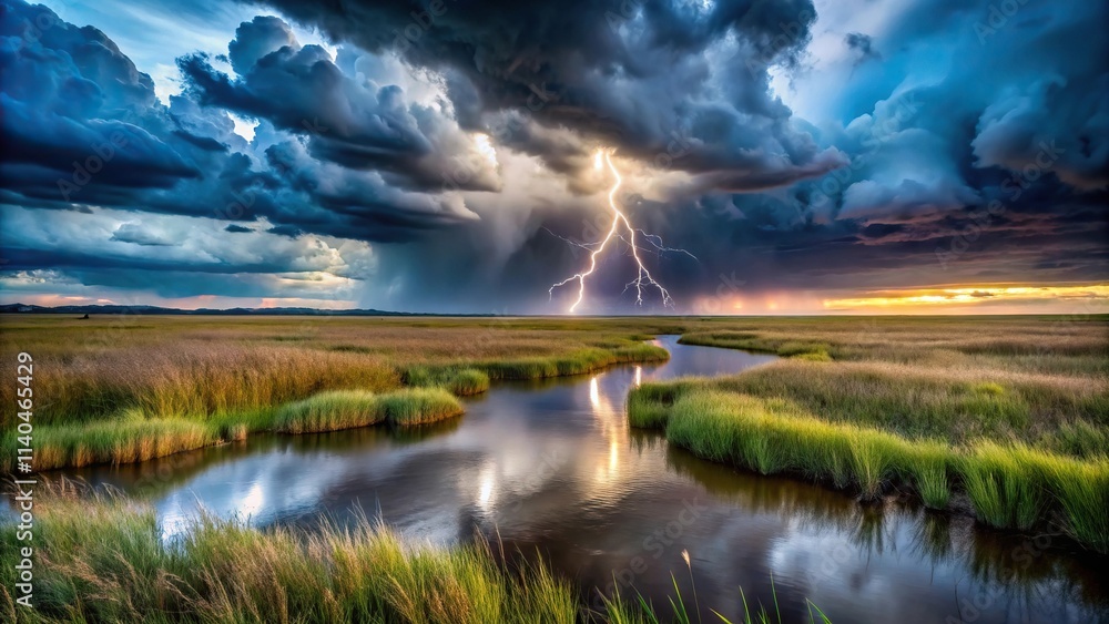 Obraz premium Stormy sky over flat marshland with tall grasses, lightning strike illuminating horizon