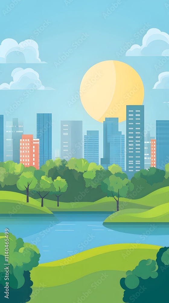 Actual illustration vector city landscape with buildings, trees and green hills on blue background flat design Vector Illustration Actual illustration vector city landscape with buildings, trees and green hills on blue background flat design Vector Illustration