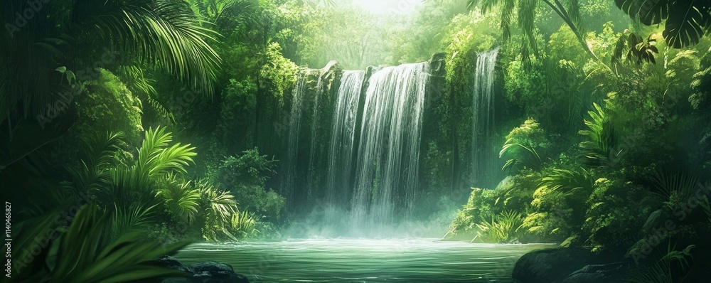 Beautiful Waterfall with Lush Green Surroundings. Tropical Jungle Environment. Beautiful Waterfall with Lush Green Surroundings. Tropical Jungle Environment.