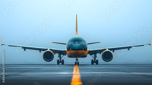 A large jetliner is sitting on the runway, ready for takeoff. The plane is surrounded by a yellow line, indicating the safe distance for the plane to take off. The sky is cloudy