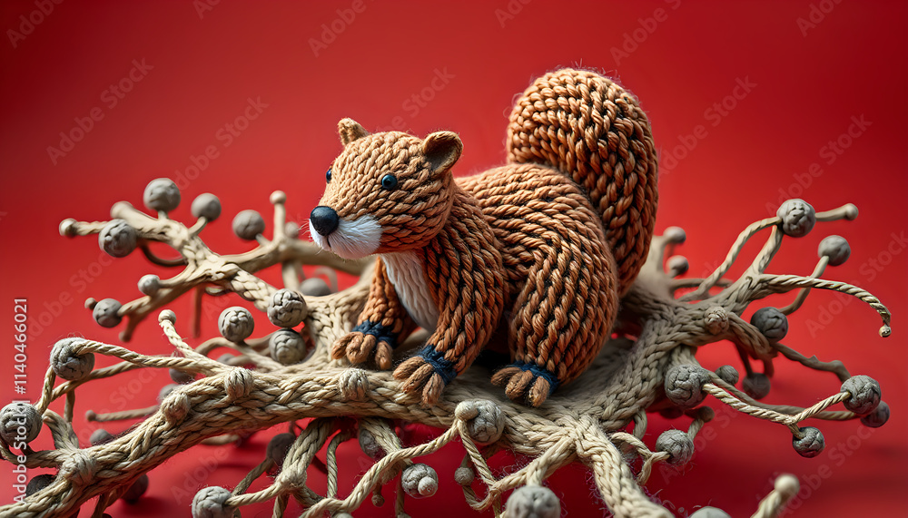 Obraz premium a squirrel made by wool on a branch of a tree