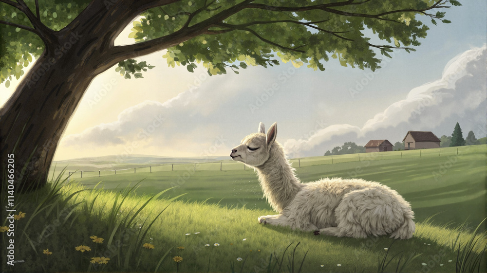 Fototapeta premium Realistic llama resting under tree in sunny meadow