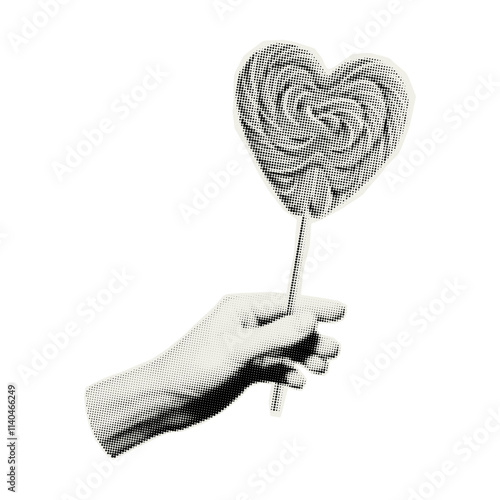 Vector hand holding lollipop heart. Trendy retro element with a halftone effect for collage, poster, banner, cover design.