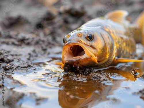 fish gasping for air in polluted environment, showcasing distress photo