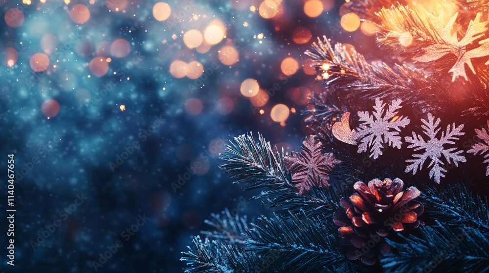 Fototapeta premium Christmas Card with Pine Branches and Glowing Snowflakes Creating a Magical and Festive Holiday Design